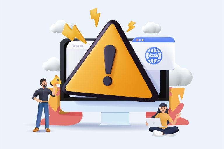 Warning sign on website, illustrating hidden costs and risks of cheap website builders with cartoon characters examining issues on the computer screen