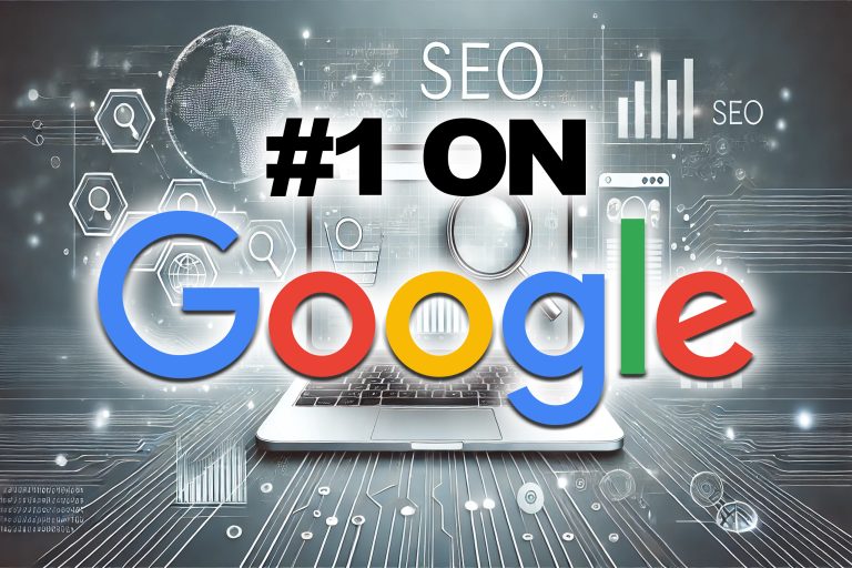 Featured image for a blog on how to rank #1 on Google, showing abstract graphics of search bars, magnifying glasses, charts, and upward arrows symbolizing SEO strategies and growth.