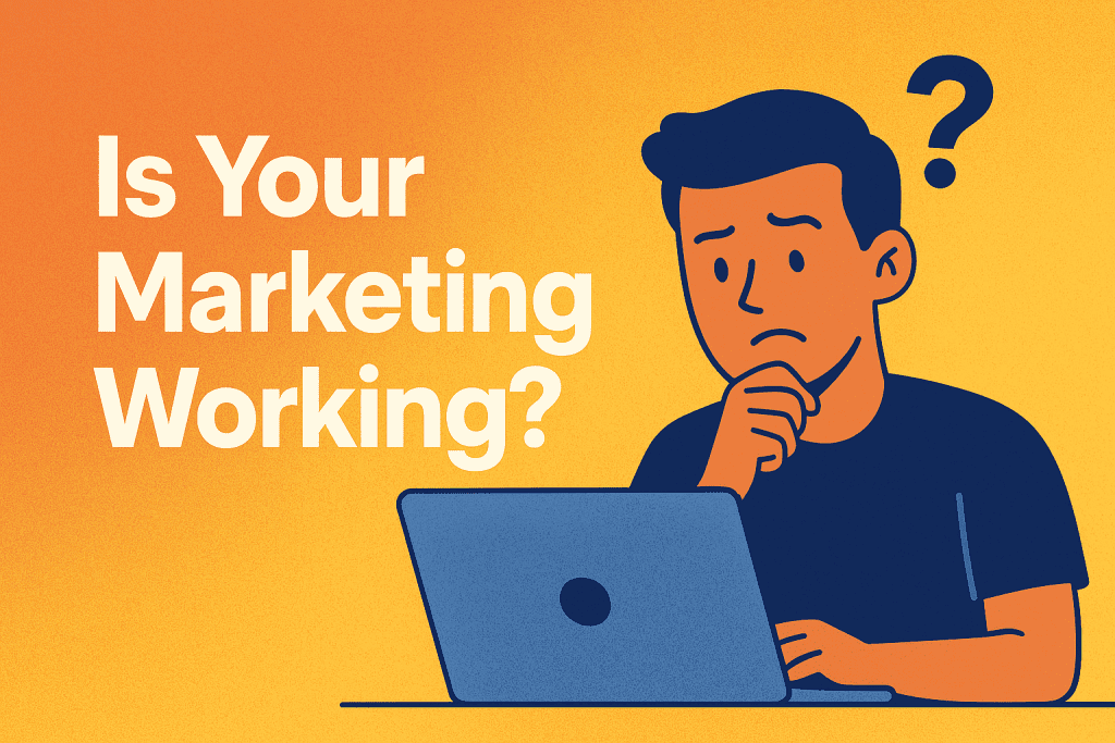 Young man questioning at his desk, staring at a laptop with the phrase “Is Your Marketing Even Working?” displayed on screen.